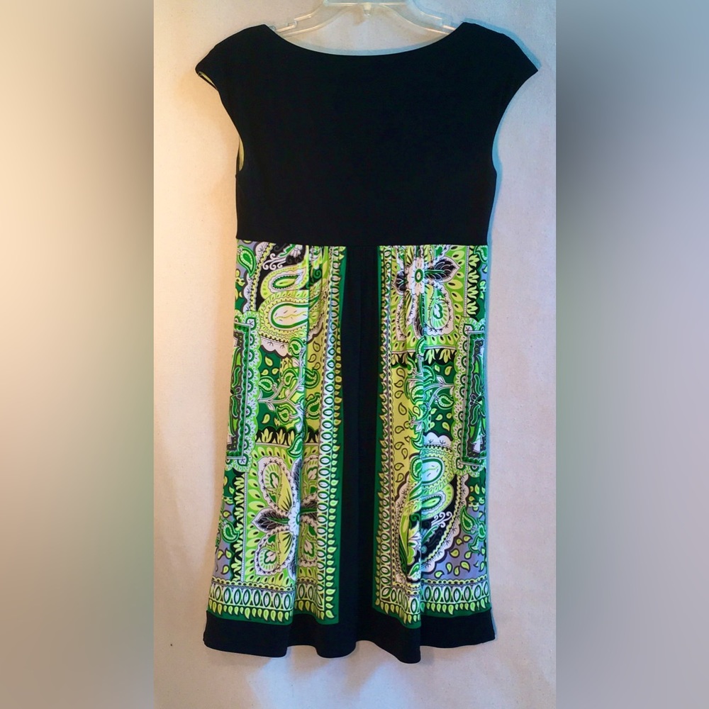 LONDON TIMES Black Green empire waist minidress Short sleeve Square neckline S6 - Picture 2 of 13